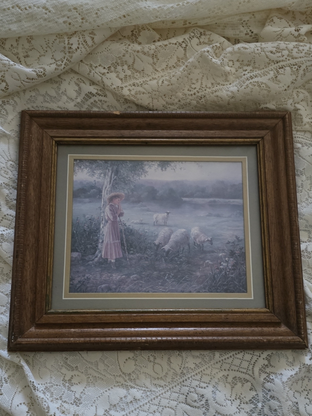 Pastoral Shepherdess Framed Wall Art in Brown Wood Frame